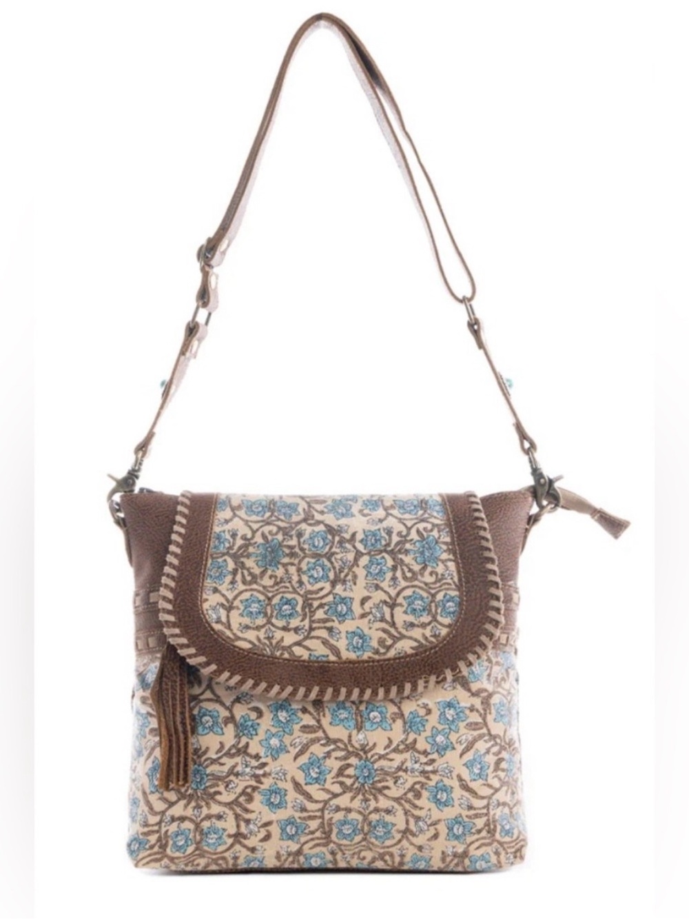 Myra Bag Brown Crossbody with Blue Floral Print - Picture 2 of 5